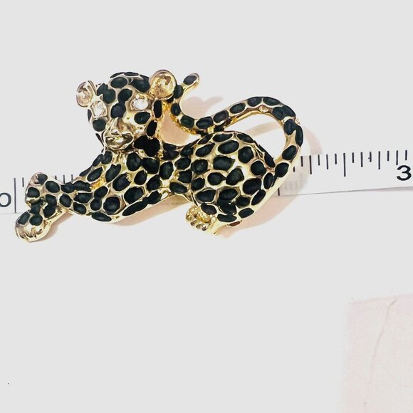Gold & Black Leopard Spots Cat Beast Kitten Brooch Rhinestone Accents 2.25" - Picture 3 of 6